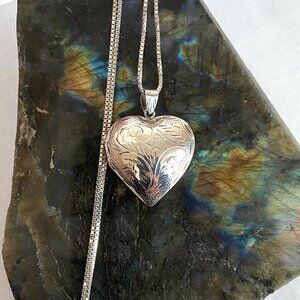 Sterling Silver 925 Thai Etched Puffy Heart Locket Pendant Necklace 18" Chain